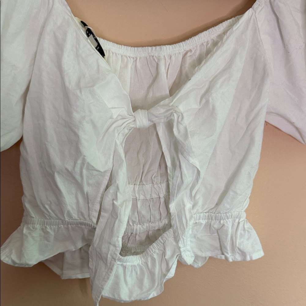 White Puff Sleeve Smocked Peplum Crop Top - Picture 8 of 8